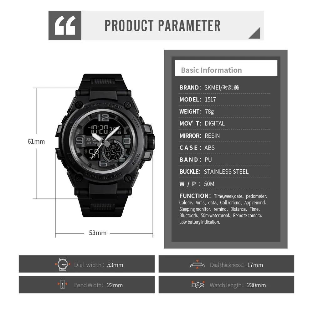 Skmei Smart Sport Watch Men Bluetooth 다기능 디지털 시계 5BAR 방수 남성 스마트 듀얼 디스플레이 시계 RELOJ 1517270B