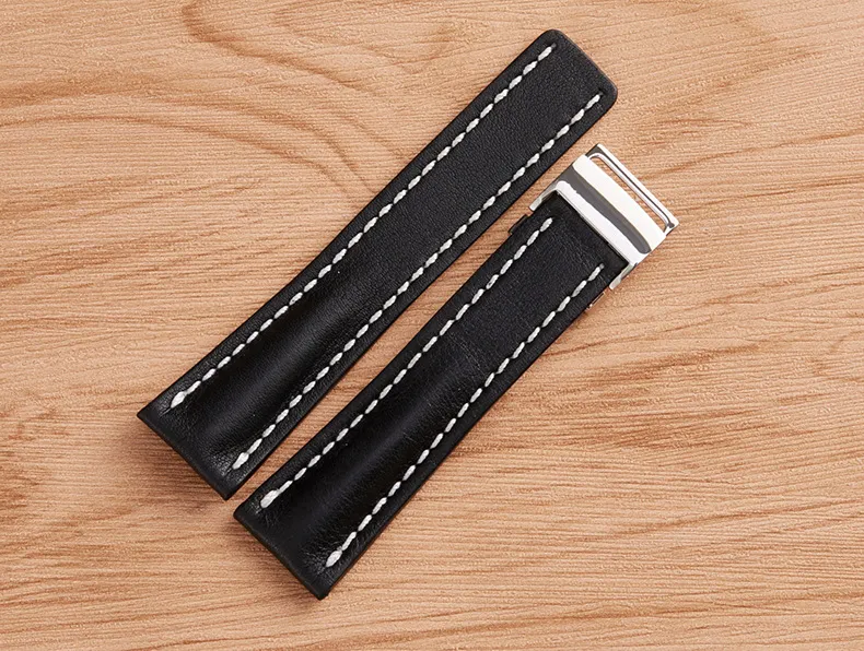 Watchband 22mm 24mm Siyah Kahverengi Mavi Saat Bant Paslanmaz çelik katlama tokası ile Pürüzsüz Deri Kayış Breitling SU2561 için uygun