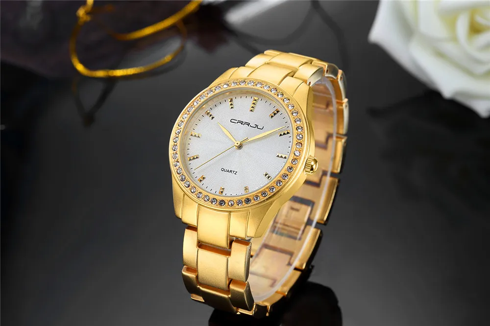Berühmte Marke Neue CRRJU Uhren Frauen Damen Kristall Diamant Quarz-uhr Luxus Gold Handgelenk Uhren Für Frauen Uhren Mujer268S