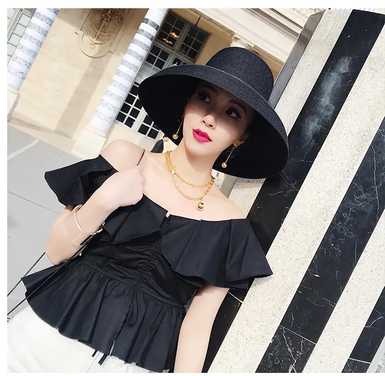 Audrey Hepburn straw hat sunken modelling tool bell-shaped big brim hat vintage high pretend bility tourist beach atmosphere287P