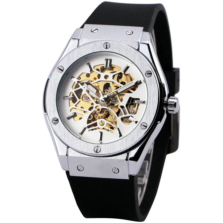 WINNER Top Outdoor Sports Men Automatic Mechanical Watch Rubber Strap Creative Skeleton Design Casual Wristwatch293r