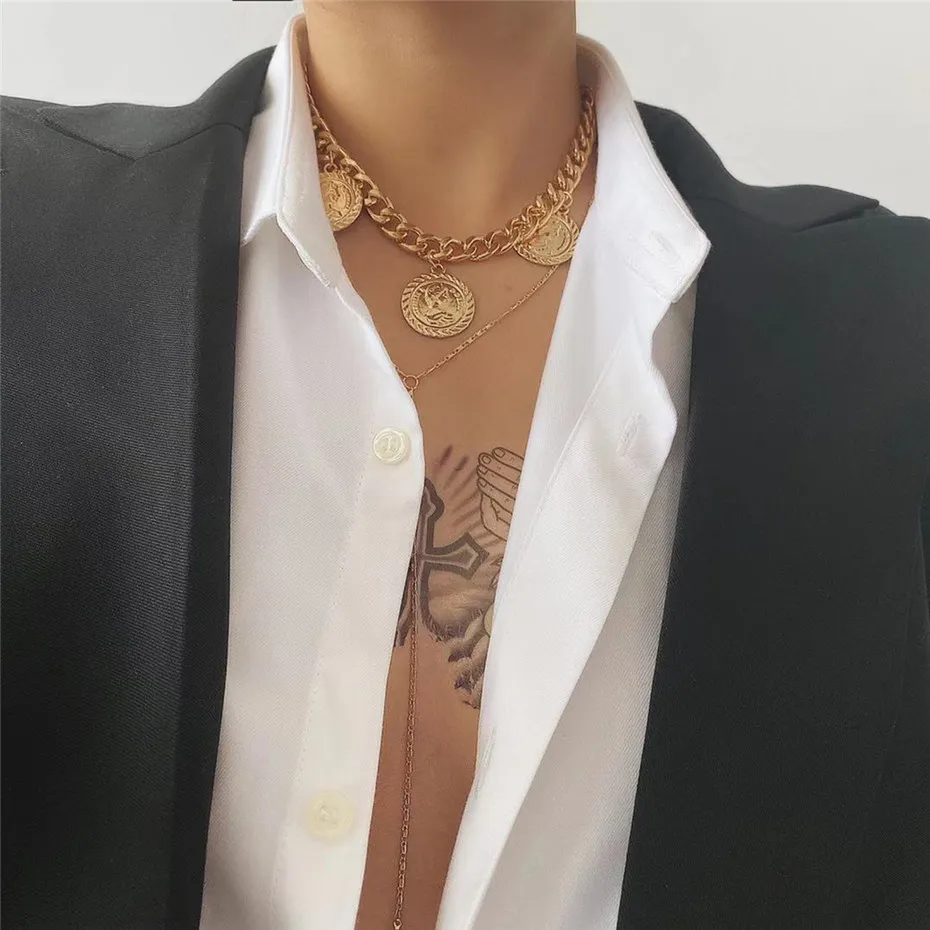 Vintage Big Coin Pendant Choker Necklace Women Colar Punk Gypsy Long Chain Clavicle Necklace Jewelry Collier Femme 2020258g