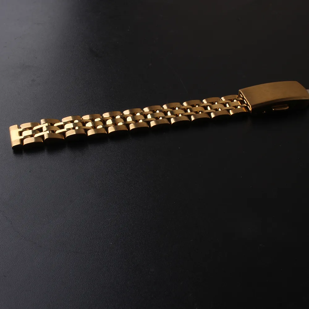 Goldfarbenes Edelstahl-Uhrenarmband, Armband, Uhrenarmband, 10 mm, 12 mm, 14 mm, 16 mm, gerade Enden, Faltschließe, klassisch I2242