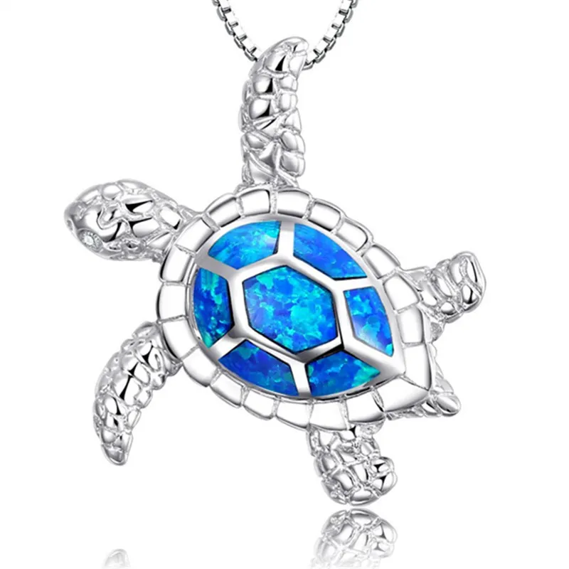 Модное серебряное заполненное синее имитационное опаловое ожерелье с подвеской в виде морской черепахи для женщин, женское ожерелье с животными, свадебные украшения для океана, пляжа, Gift269y