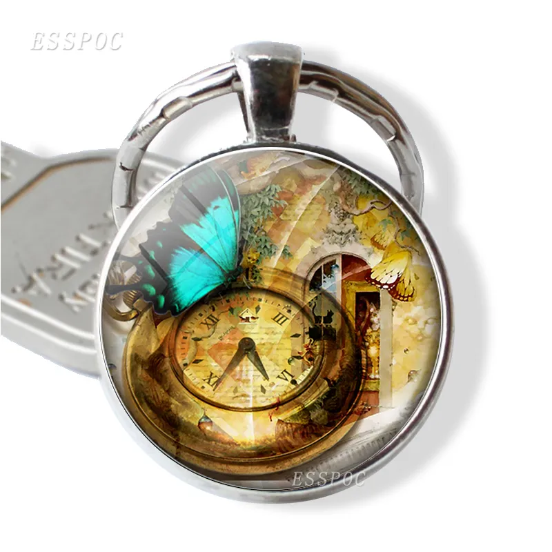 Butterfly and Clock Keychain Romantic Jewelry Butterfly Picture Glass Donme Pendant Metal Keyring Fashion Accessories for Women8077060