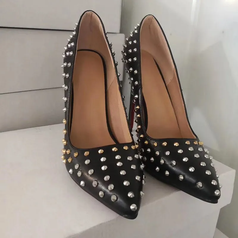 Olomm personnaliser femmes pompes Sexy Rivets minces talons hauts pompes bout pointu élégant noir boîte de nuit chaussures femmes Plus taille américaine 5-15