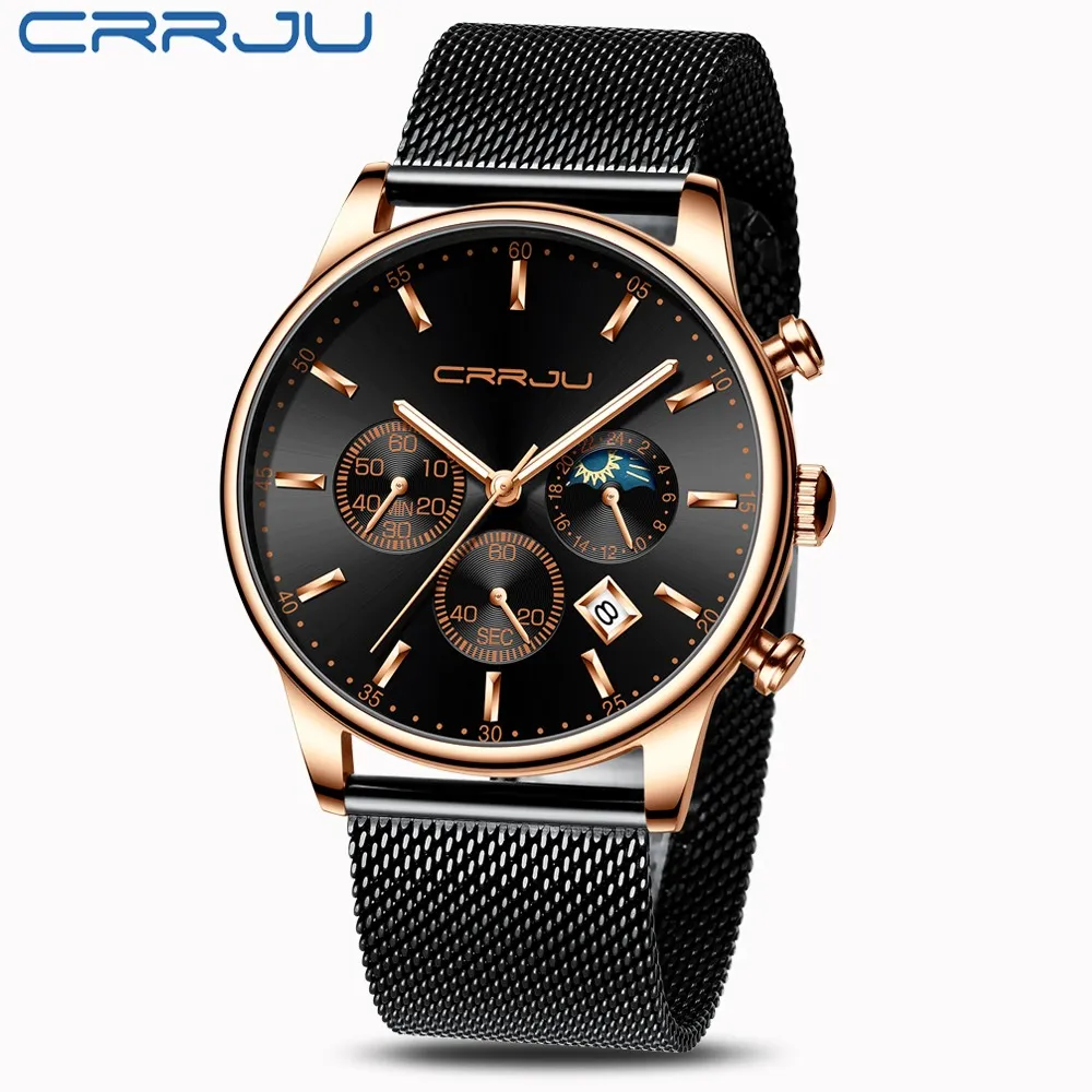 Reloj hombre crrju marca superior de luxo relógios masculinos à prova dwaterproof água data negócios janela relógio pulso masculino malha cinta casual quartzo clock299m