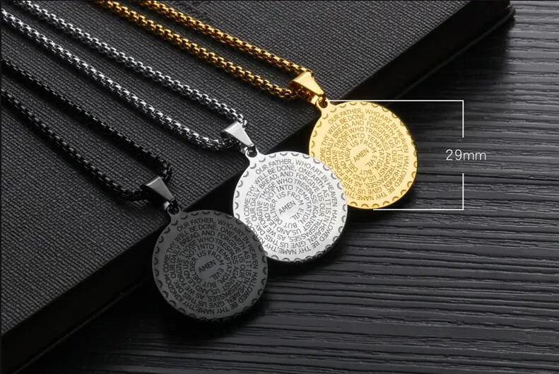 Unisex Pendant Necklaces Vintage Mens Gold Link Chain Titanium Steel Round Coin Scripture Necklaces Jewelry Gift whole sh294N