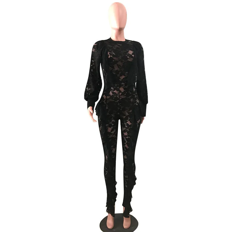 긴 소매 섹시한 깎아 지른 검은 레이스 jumpsuit bodysuit 여자는 프릴 파티 클럽을 착용 한 조각 Bodycon Jumpsuit Rompers T5190614