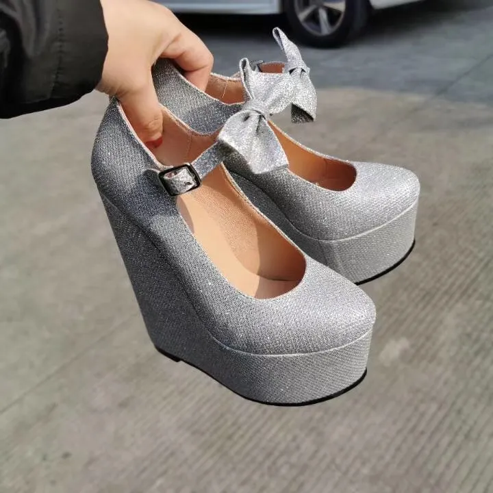 Rontic Women Handmade Platformy Pompy Knotki Kręgi Wysokie Obcasy Pompy Okrągłe Toe Gorgeous Silver Party Shoes Women Plus US Rozmiar 5-15