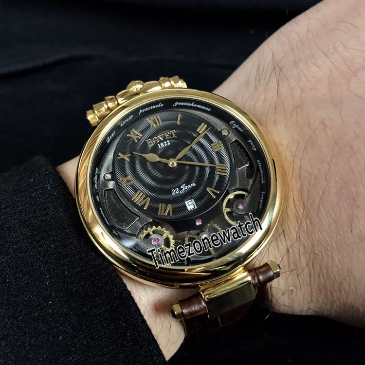 Bovet Amadeo Fleurier Grand Compitations Virtuoso Skeleton Tourbillon Automatic Yellow Gold Gold Dial Mens Watch Leather TimeZone 208M