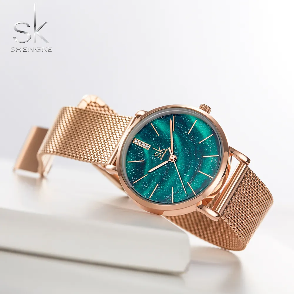 Shengke relógios femininos estrelado verde dial reloj mujer senhoras relógio de pulso ultra-fino pulseira de aço inoxidável quartzo montre femme gift235q