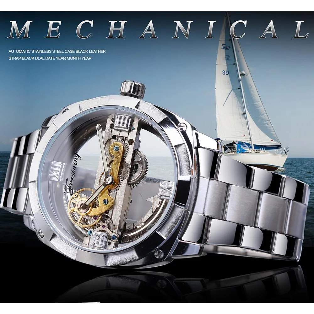 Forsining Männer Transparent Design Mechanische Uhr Automatische Silber Quadrat Goldene Getriebe Skeleton Edelstahl Gürtel Uhr Saati Y237j