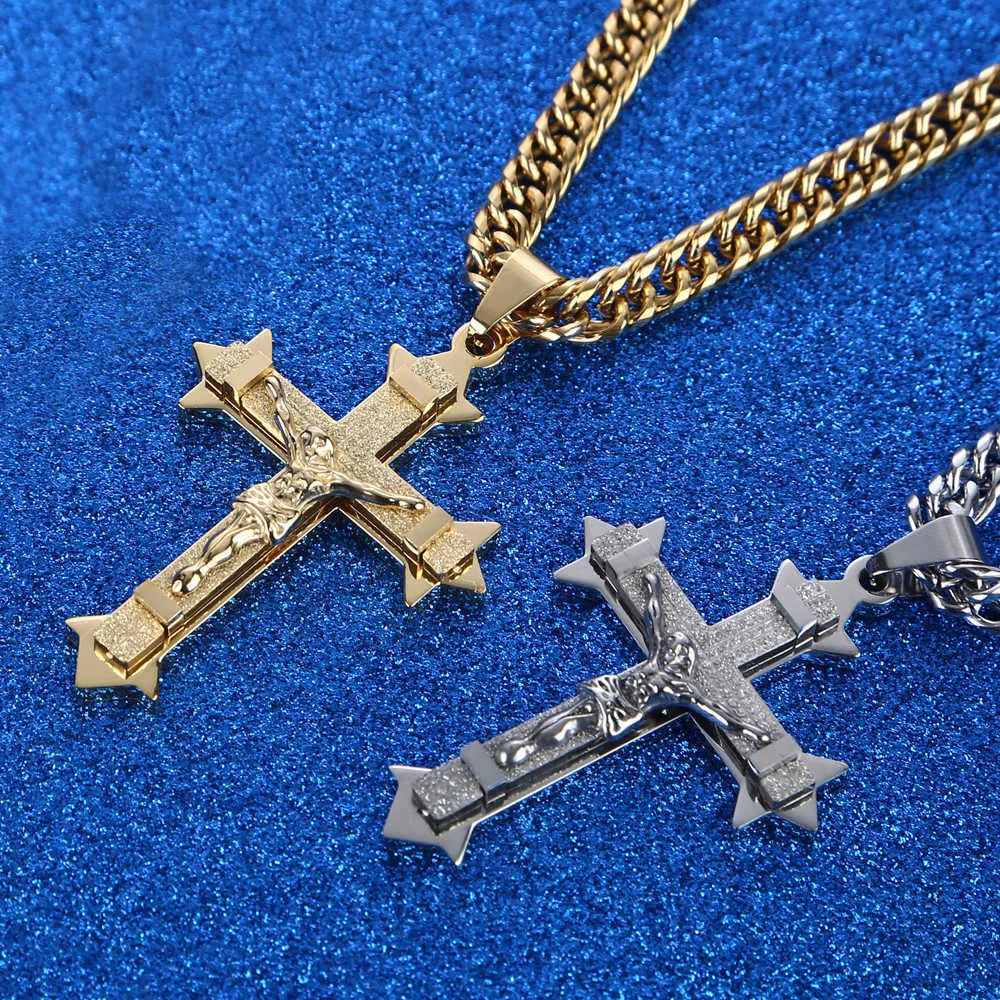 Goldfarbenes Kreuz Christus Jesus Anhänger Halskette Edelstahl Gliederkette Schwerer Herrenschmuck Geschenk 21,65