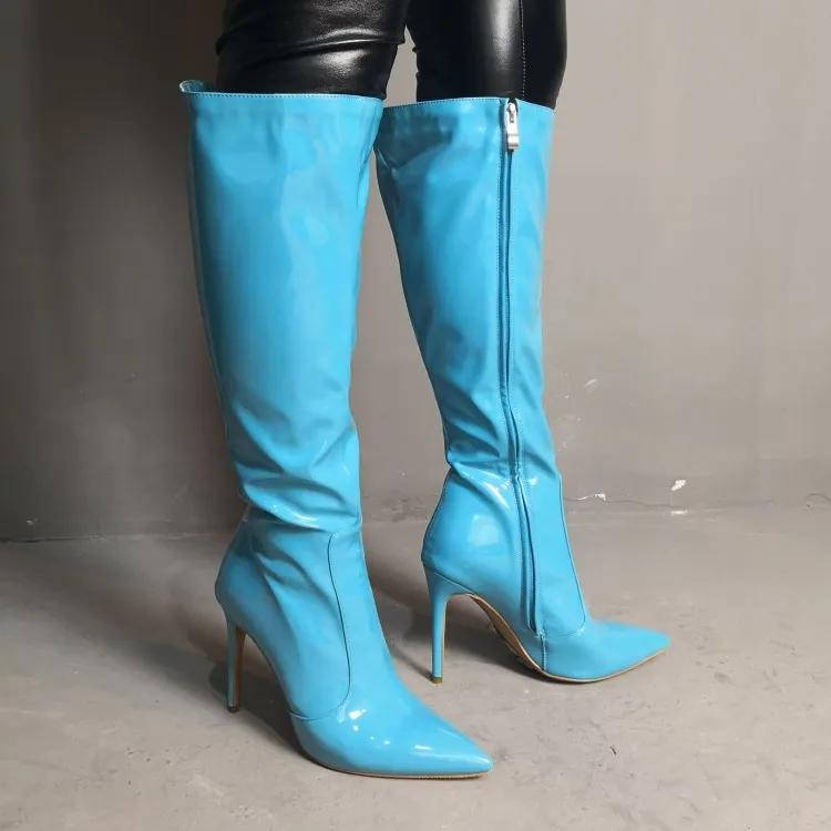 Rortic New Women Knee High Boots 섹시한 Stiletto 하이힐 부츠가 뾰족한 발가락 라이트 블루 패션 신발 여성 플러스 미국 크기 5-15