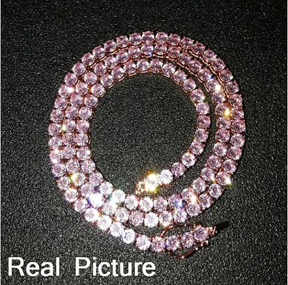 Solitaire 4 mm Collier de chaîne de tennis Rose Finish Finish Pink Lab Diamonds 16 '' 18 '' 1 Row Zirconia Diamonds Bling249l