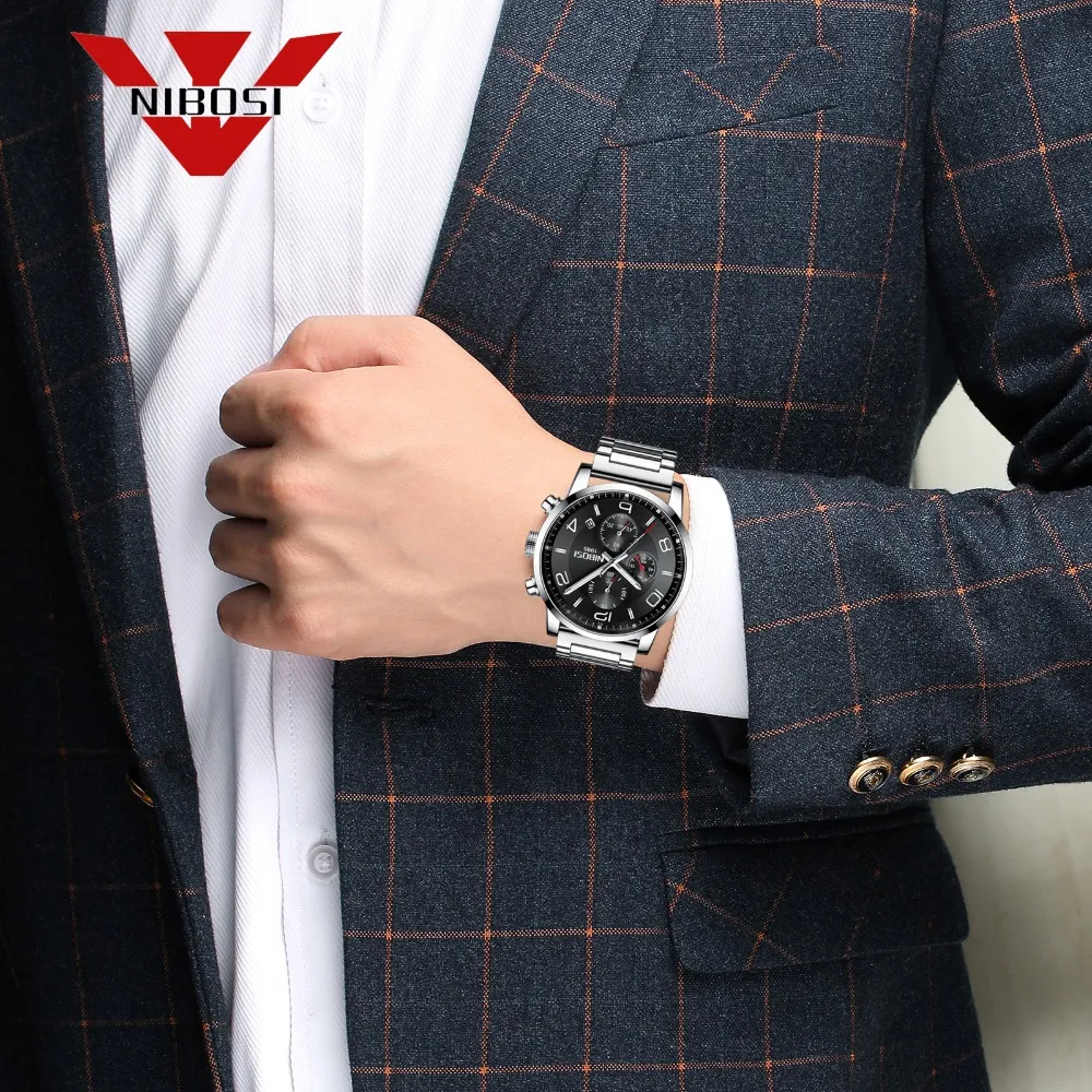 Nibosi novo tipo de relógio de luxo quartzo relógio de pulso moda aço inoxidável para homem relogio masculino requintado silver217h