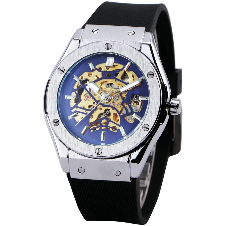 WINNER Top Outdoor Sports Men Automatic Mechanical Watch Rubber Strap Creative Skeleton Design Casual Wristwatch293r