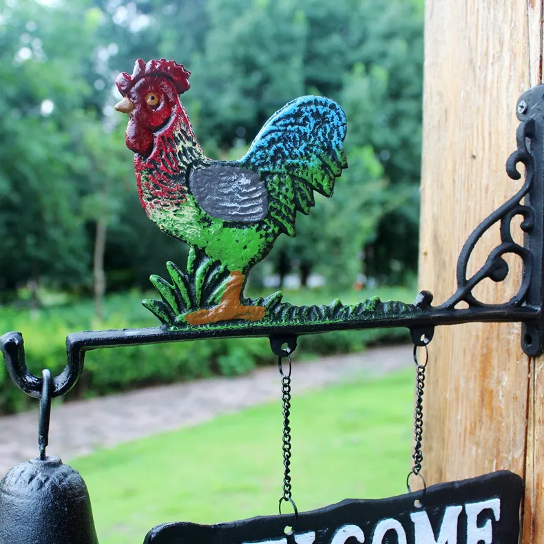Cast Iron Metal Rooster Barn Bell Hanging Cabin Lodge Shed Gate Fence Porch Welcome Dinner Bell Hand Paint Garden Gift Cock Doorbe247B