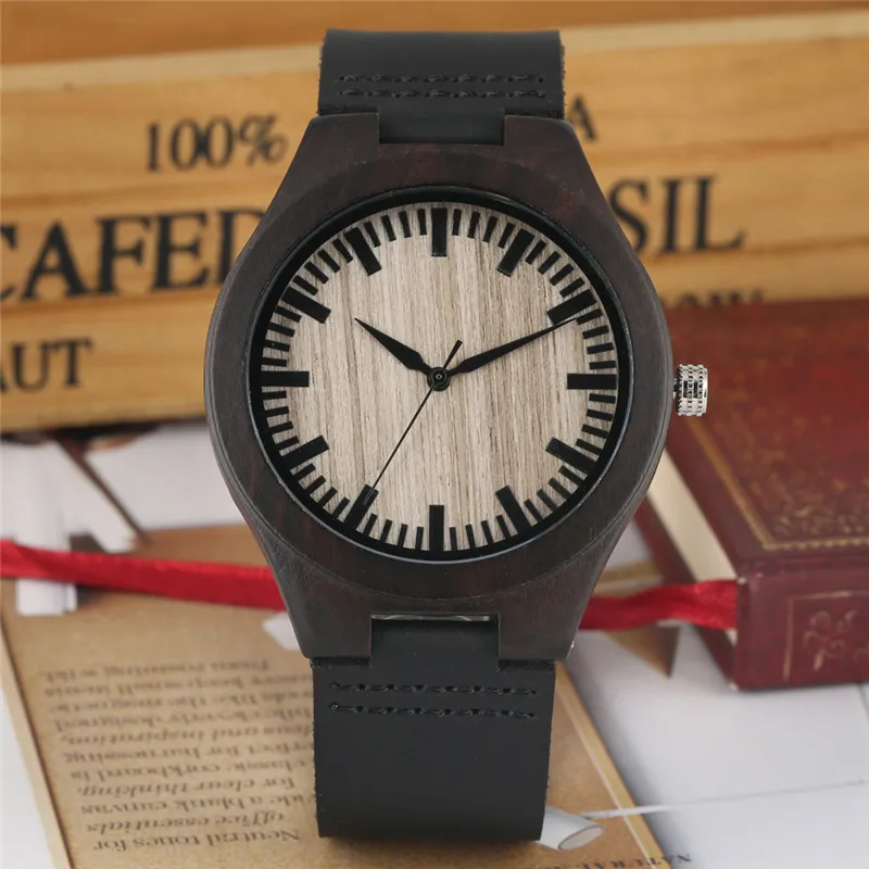 Casual volledig zwart bamboe horloge heren sandelhout polshorloges bamboe analoog quartz horloge lederen band band armband clo278M