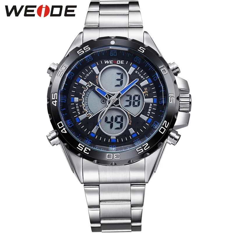 WEIDE Silver Stainless Steel Bracelect Mens Waterproof Analog Digital Auto Date Quartz Watches Male Top Brand Business Watches347e