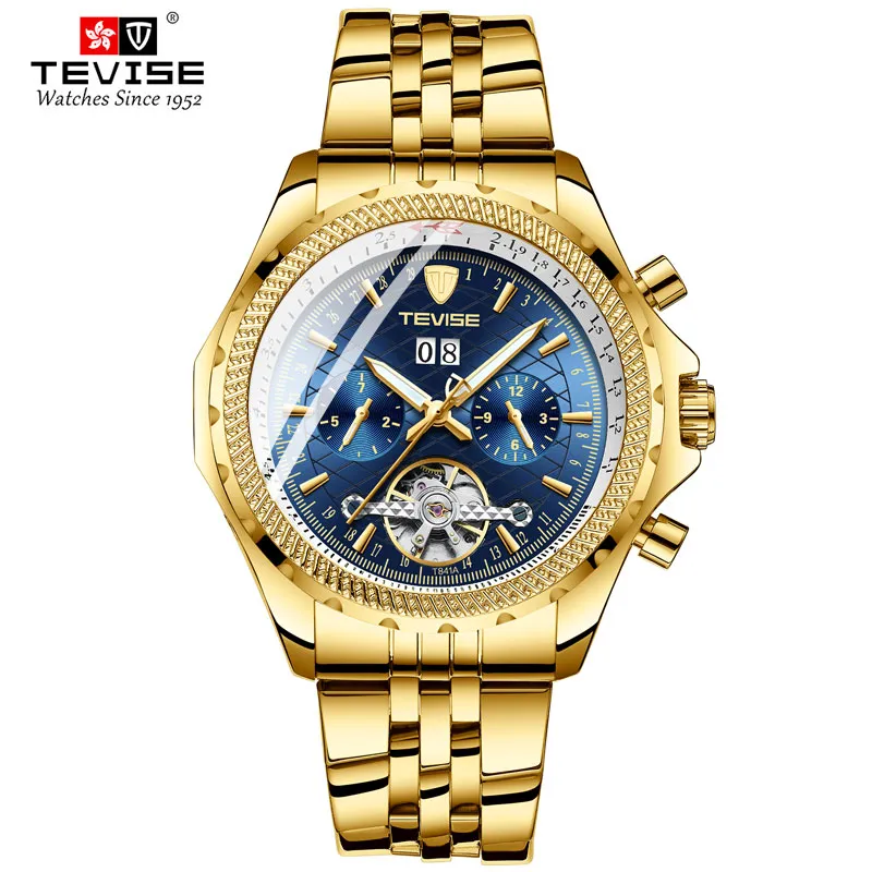 Marque de luxe montre Tevise Gold Black Stailness Steel Automatic Men Watch Men Multifonction Affiche imperméable Relogie Masculino195N