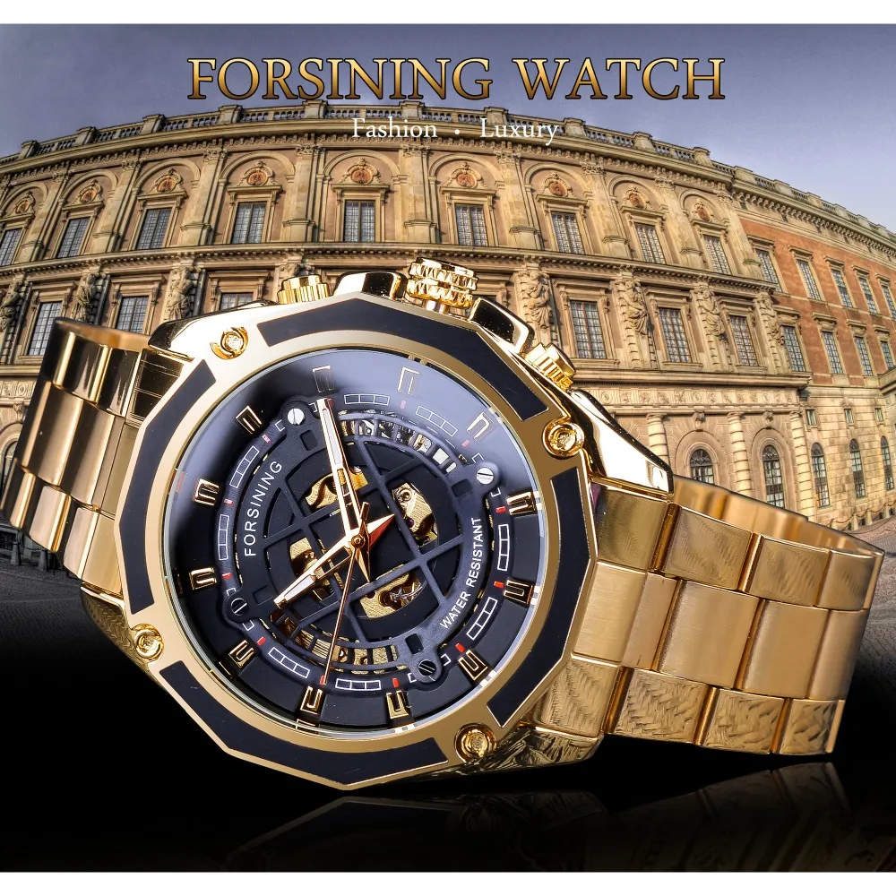 Forsining 3D прозрачный дизайн золотые мужские часы из нержавеющей стали автоматические часы со скелетом лучший бренд класса люкс мужские часы Montre Homme296y
