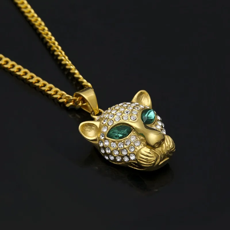 Mode-Hip Hop Gold Halskette Modeschmuck Iced Out Leopard Kopf Anhänger Halsketten Für Männer Kubanische Link Kette Necklace264p