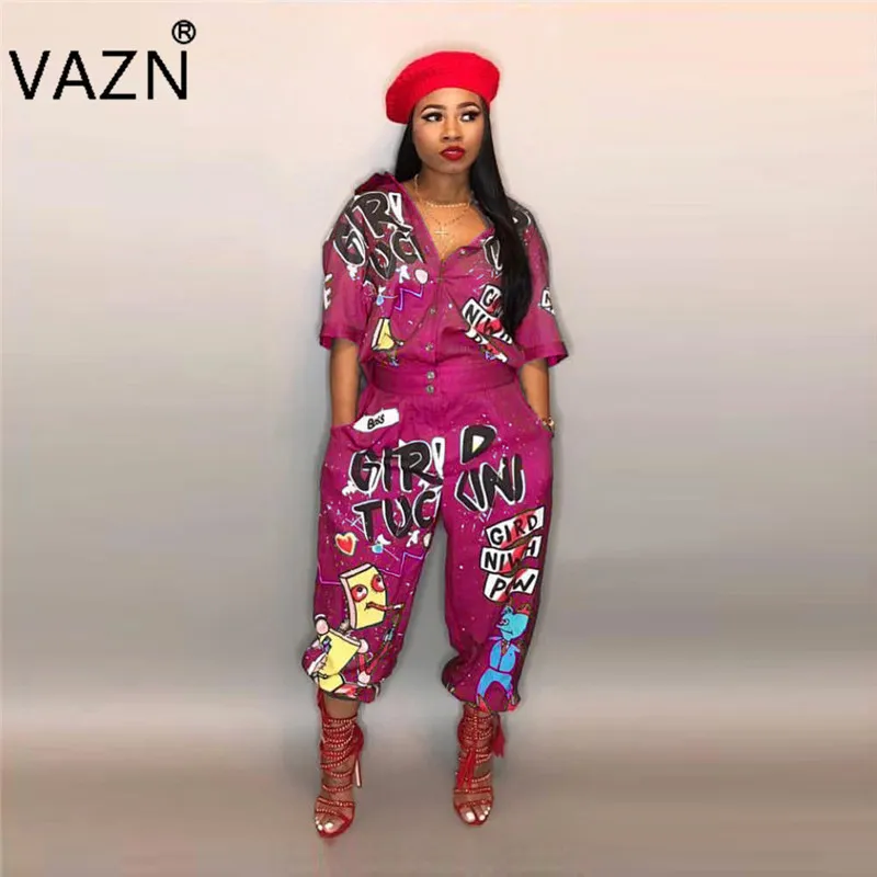 VAZN 2108 Speciale Stijl Merk Casual Mode Vrouwen Lange Jumpsuits Letter Half Mouw Herfst Losse High Street Romper LD8103 Y19060501