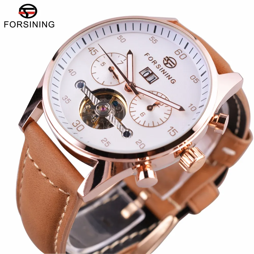 ForSining Watch British Fashion Style Suede Strap Mens Watches Top Brand Luxury Tourbillion Automatisk mekanisk klockklocka MEN189B