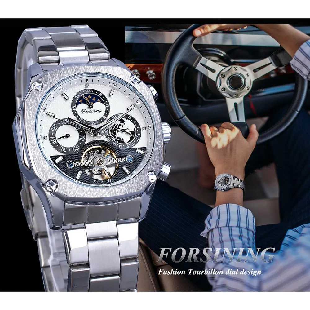 Forsining montre mécanique homme carré Tourbillon phase de lune Date mâle automatique sport montre-bracelet en acier inoxydable Reloj Homb2921
