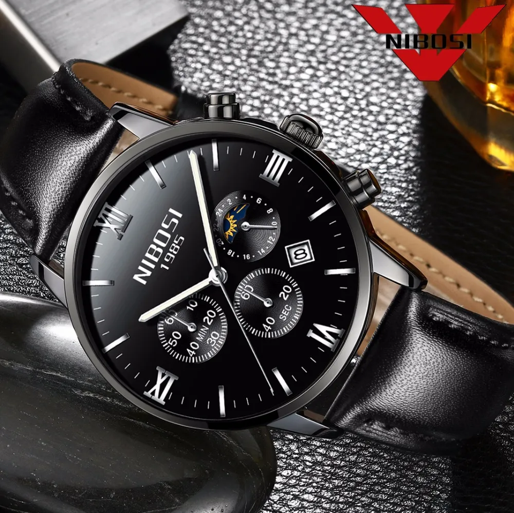 NIBOSI Men Watch Luxury Men Fashion Casual Dress Watch Military Army Quartz Wrist Watches With Genuine Leather Watches Strap2599