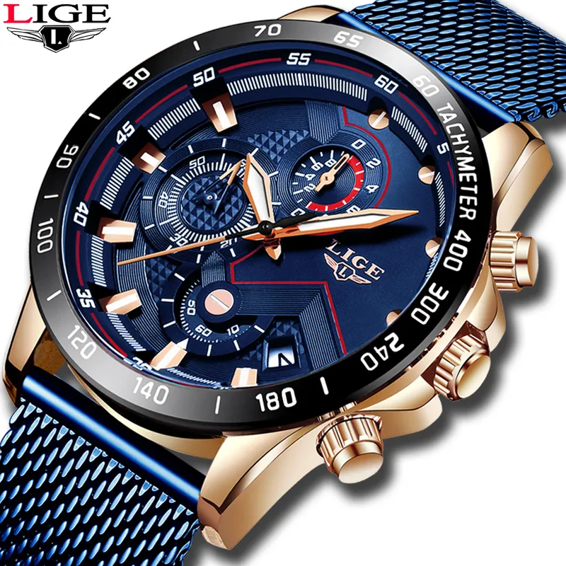 2019 Lige Top Brand Fashion Watches Men Sport Sport Sport Stainless Steel Mesh Belt Quartz Clock Men Wristwatch lelogio masculino l299d