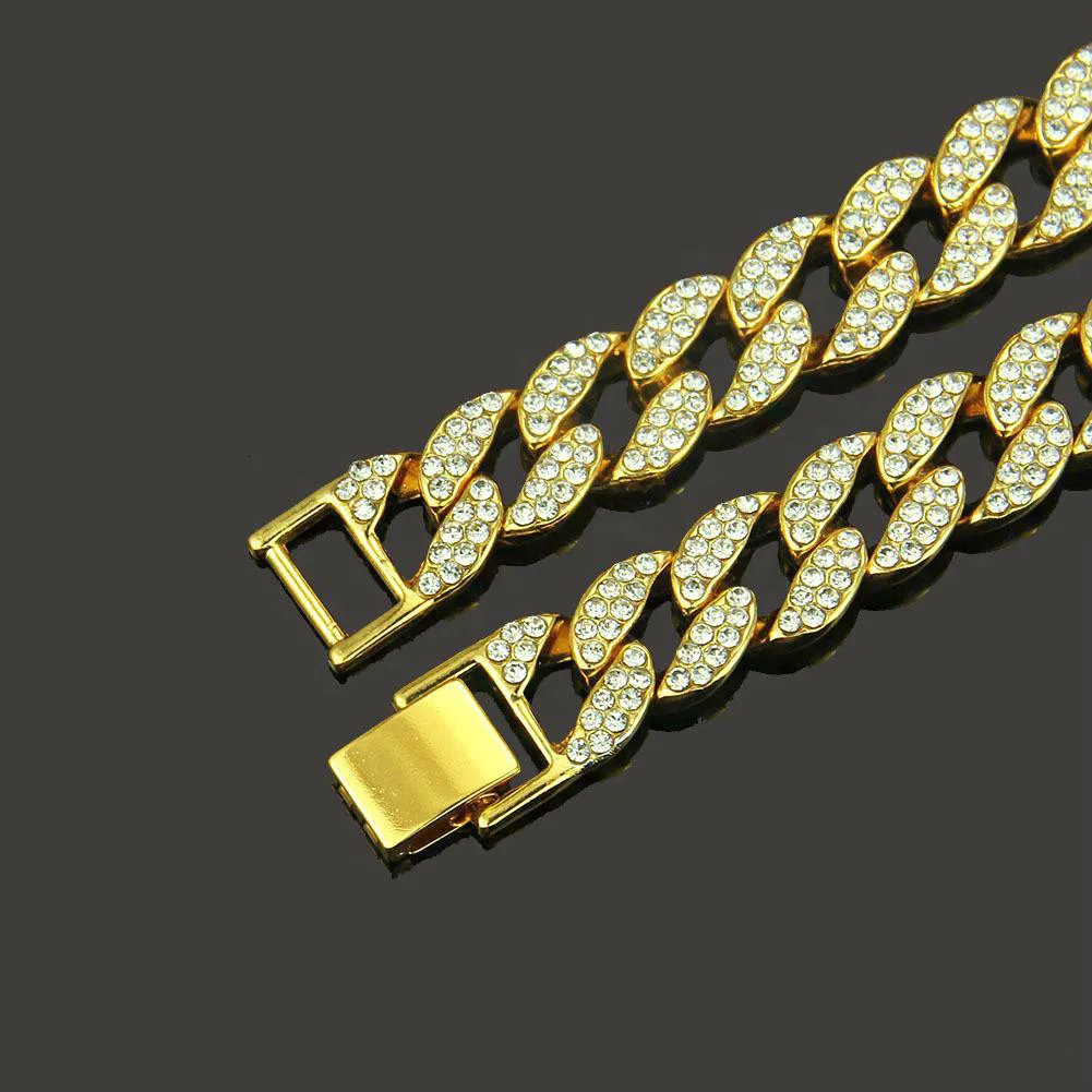 Glacé Bling strass finition dorée Miami lien cubain chaîne collier hommes Hip hop collier bijoux GB1441282F