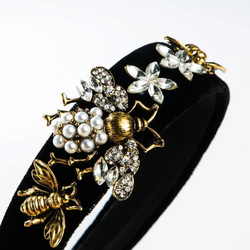 Baroque Rhinestone Bee Model Women Headband Pearl Flower Luxurious Black Bezel Hairband Halloween Hair Accessories307q