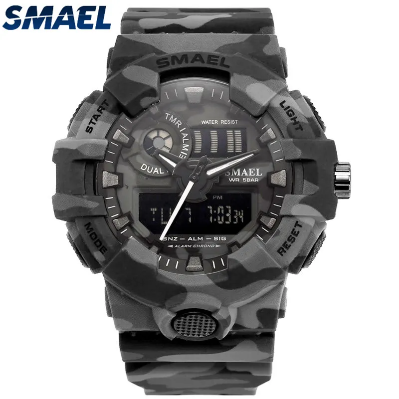 Smael marka moda kamuflaż cyfrowy kwarc cyfrowy Zegarek Waterproof Waterproof Thock Outdoor Sports Watches Mens Masculino Y1172D