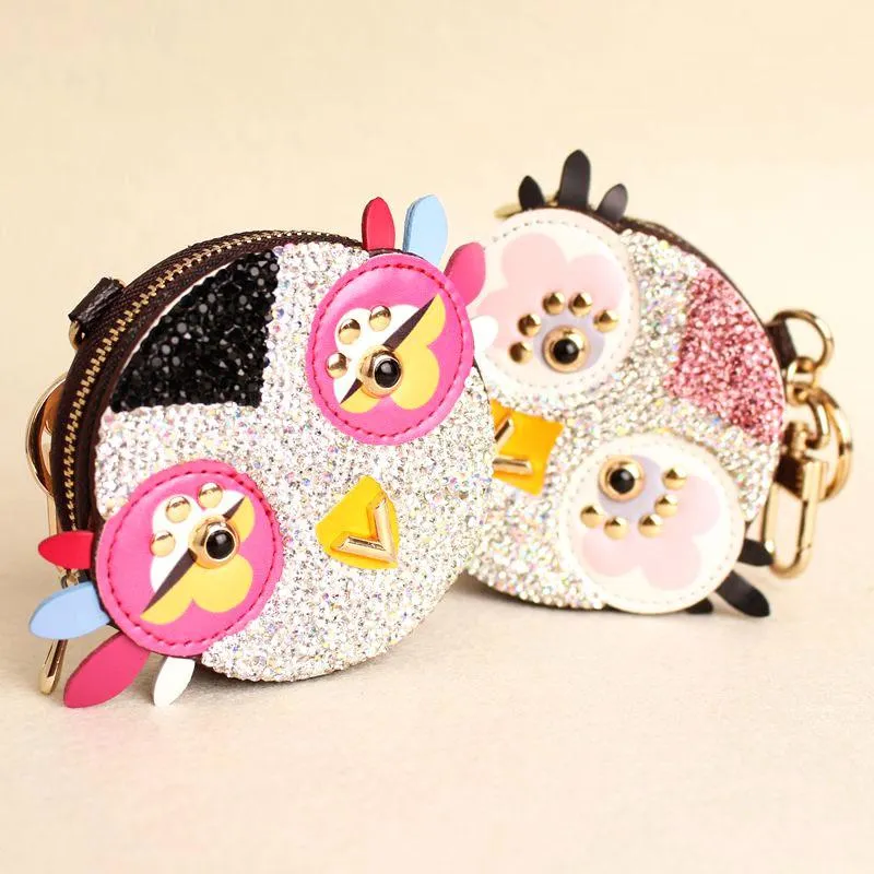 Cute Owl Chicken Crystal Cartoon Anime Coin Purse Keychain Pendant Pu Leather Wallet Key Chain For Women Bag Charm249x