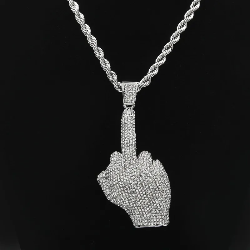 Fashion Mens Iced Out Pendant Hip Hop Necklace Erect Middle Finger Bling Necklaces Hiphop Jewelry224C