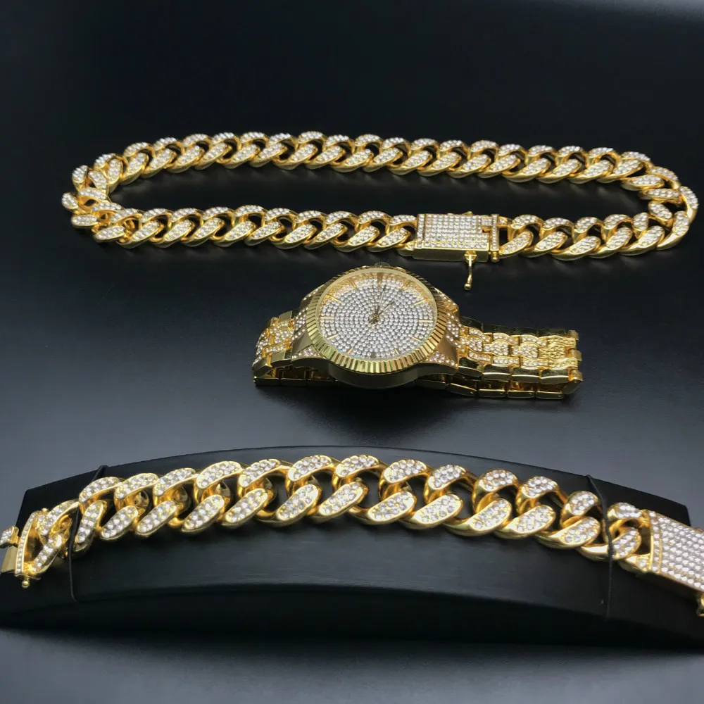 2 cm Hip Hop color oro ghiacciato cristallo Miami catena cubana oro argento orologio da uomo collana bracciale set Hip Hop King New1285y