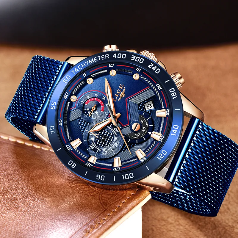 2019 LIGE NOWOŚĆ MENS Casual Watch for Men Date Kwarc Watches Sport Chronograph Fashion Blue Mesh Pas Watch Relojes Hombre313s