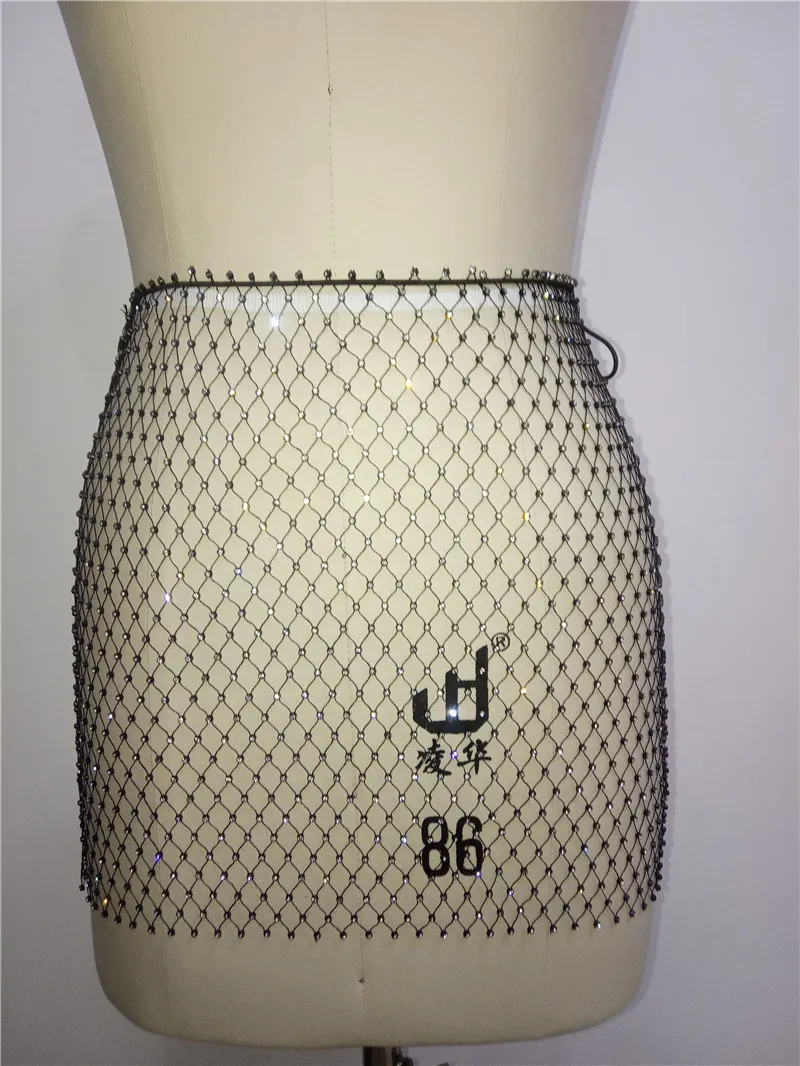 Grid Mesh Hollow Out Mini Skirt For Women Fishnet Skirt Sexy Beach Night Club Bikini Crops Cover Crystal Body Chain T2005072654