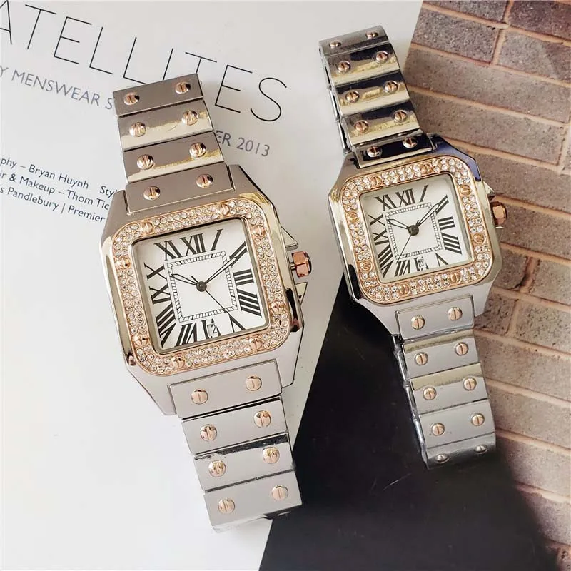 40mm 33mm Paar Mannen Vrouwen Diamanten Horloge Zilver Goud Rose Gouden Band Romeinse Num Shinning Case Datum quartz Watch209b