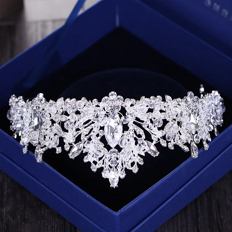 Barock Luxus Strass Perlen Herz Braut Tiara Krone Silber Kristall Diadem Schleier Tiaras Hochzeit Haarschmuck Kopfschmuck C19263h