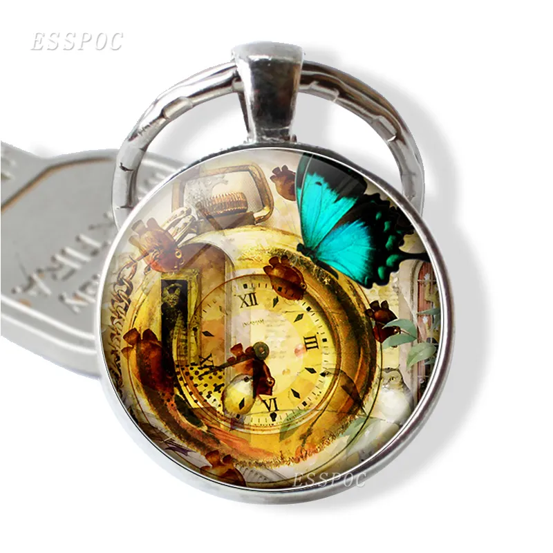 Butterfly and Clock Keychain Romantic Jewelry Butterfly Picture Glass Donme Pendant Metal Keyring Fashion Accessories for Women8612342