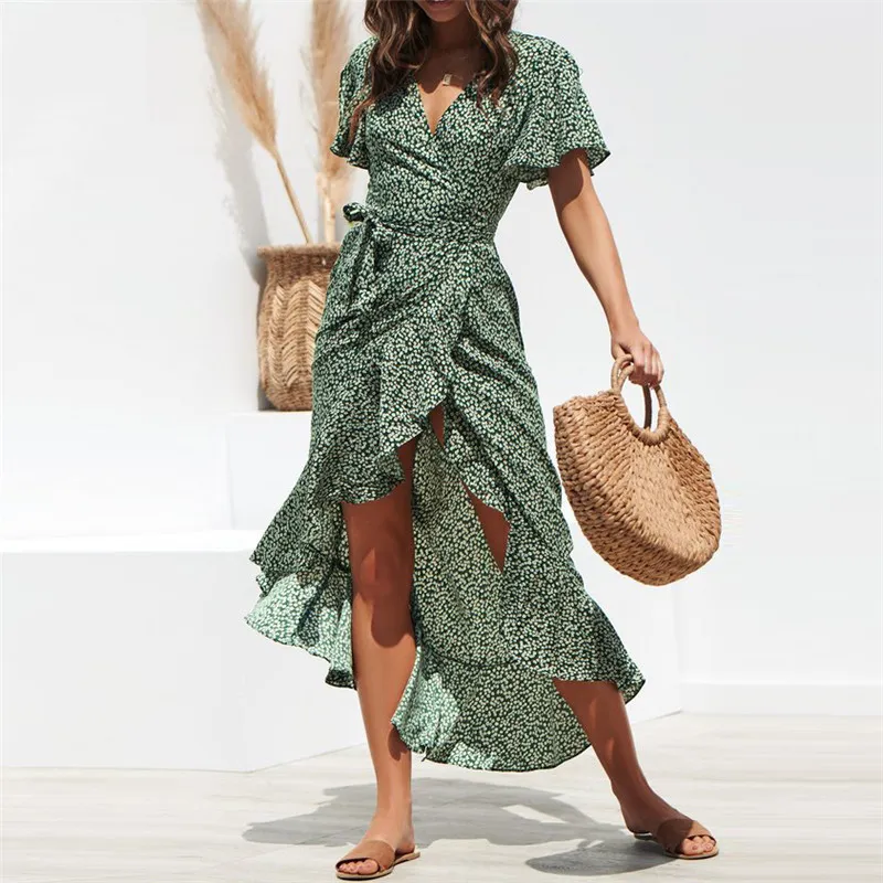 Moda stampata floreale Maxi Boho Style 2019 Was Beach Sexy Side Split Dress Eleganti abiti estivi