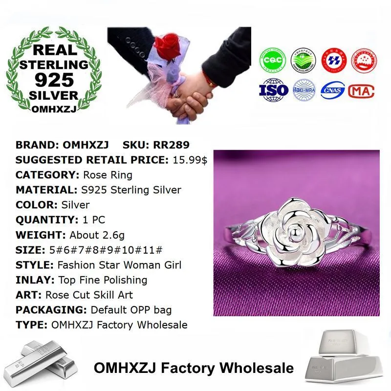 OMHXZJ Wholesale European Cluster Rings Fashion Woman Girl Party Wedding Gift Silver Rose S925 Sterling Silver Ring RR289