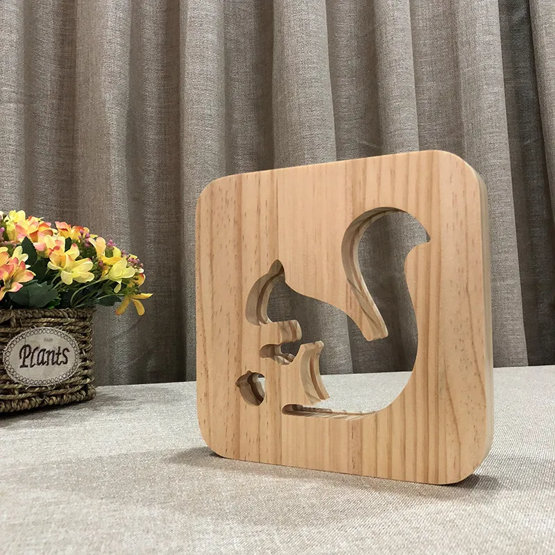 Wooden Squirrel Lamp Kids Bedroom Bedside Night Light Solid Wood LED USB Power Supply Night Light for Children Gift215k