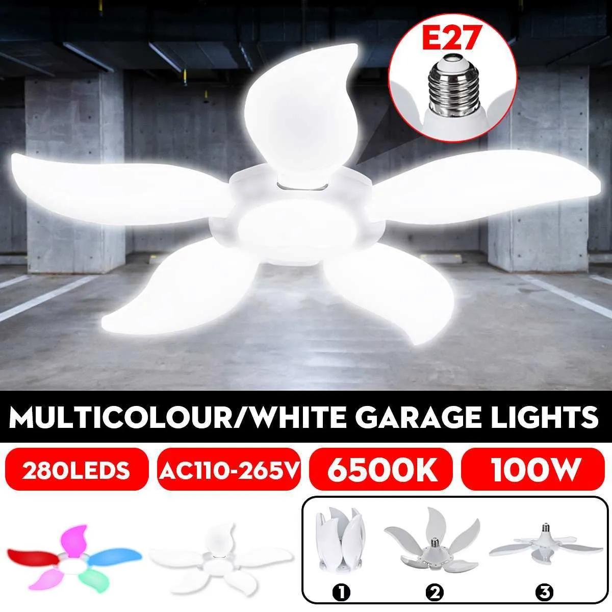 LED Five-Leaf Folding LED Żarówka Fan Multicolour / White LED Garaż światła warsztatowa deformowalna warsztat sufitowy