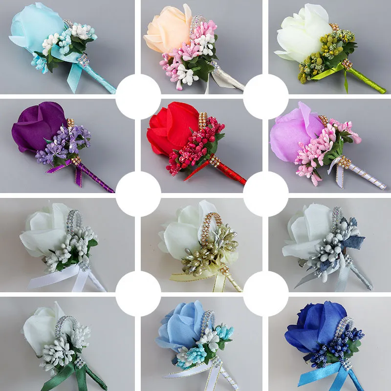 Couronnes de fleurs décoratives pour hommes, Simulation de Rose en soie, boutonnière, broche, décorations de mariage, Corsage de marié, Color230u