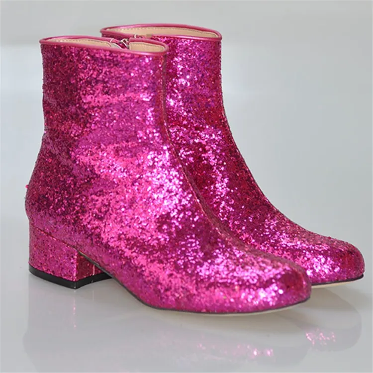 Rontic Women Glitter Ankel Boots Comfort Square Lågklackat Stövlar Rund Toe Gorgeous Fuchsia Party Shoes Women Plus US Size 5-15